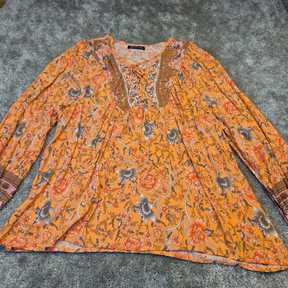 Kaywide Womens XL Boho Floral Paisley Peasant Blouse Orange Long Sleeve Tie Neck